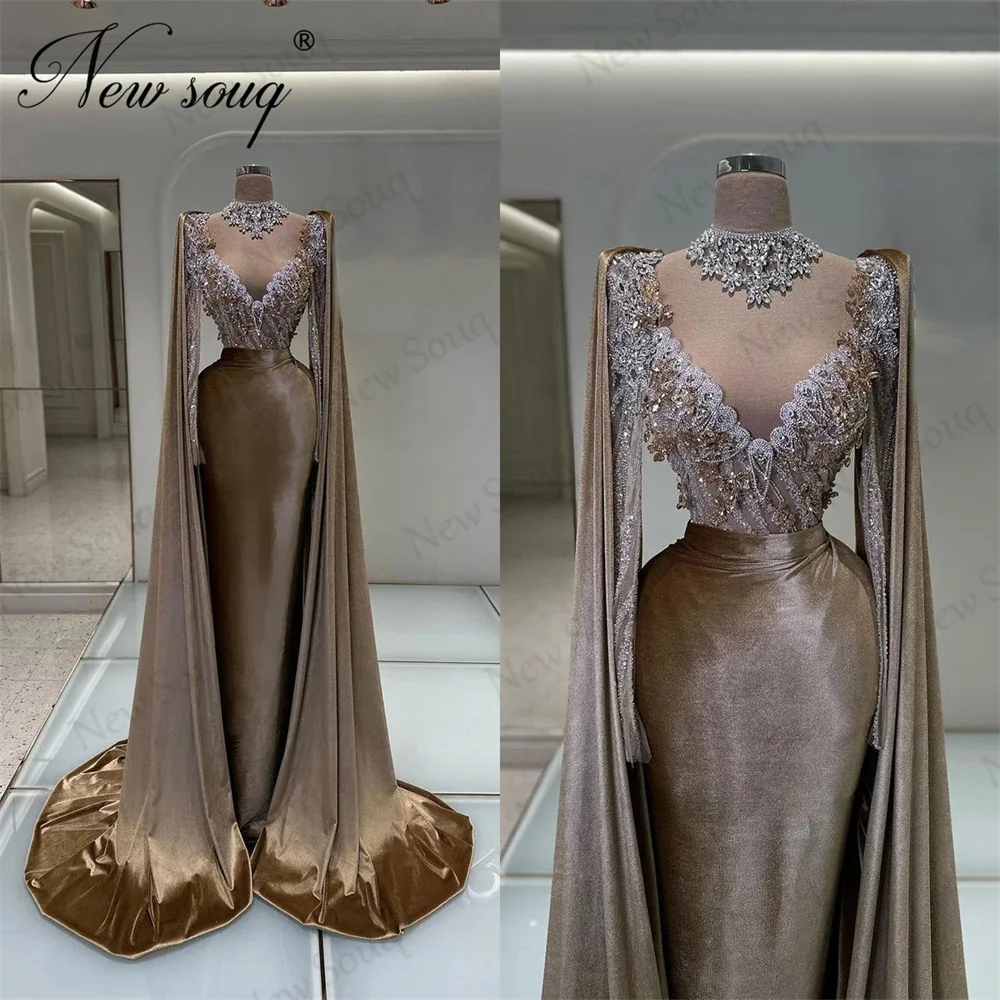 Robe de Soirée de Forme Sirène en Velours avec Manches Cape pour Femme, Tenue Luxueuse avec Perles, Style Moyen-Orient, Dubaï, pour Cocktail, ixd'Anniversaire, Quelle que soit la Robe