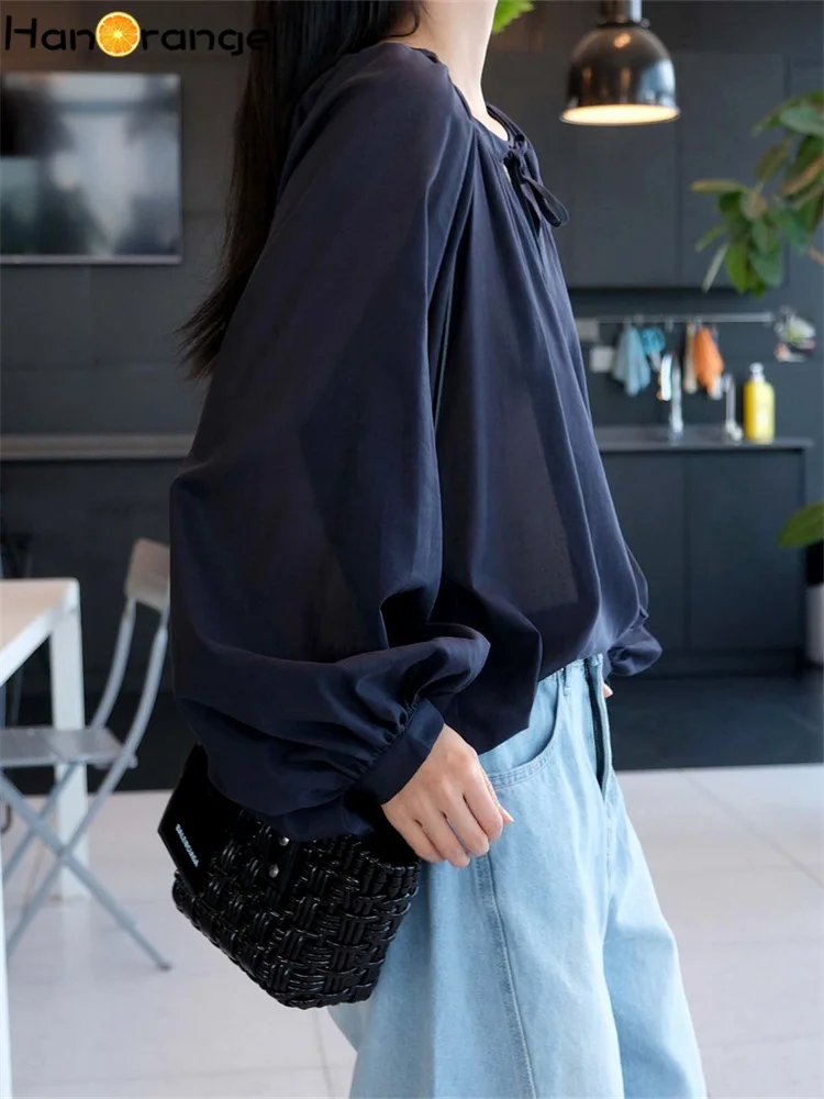 HanOrange 2024 Summer Romantic Lantern Sleeve Shirt Women Cool Transparent Loose Comfortable Doll Top Dark Blue/Yellow