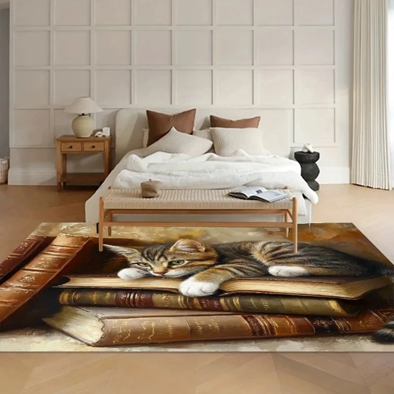 3D Book Calico Cat Creative Non Slip Flannel Floor Mat Home Decor Rug Soft Plush Washable Living Room Bedroom Carpet