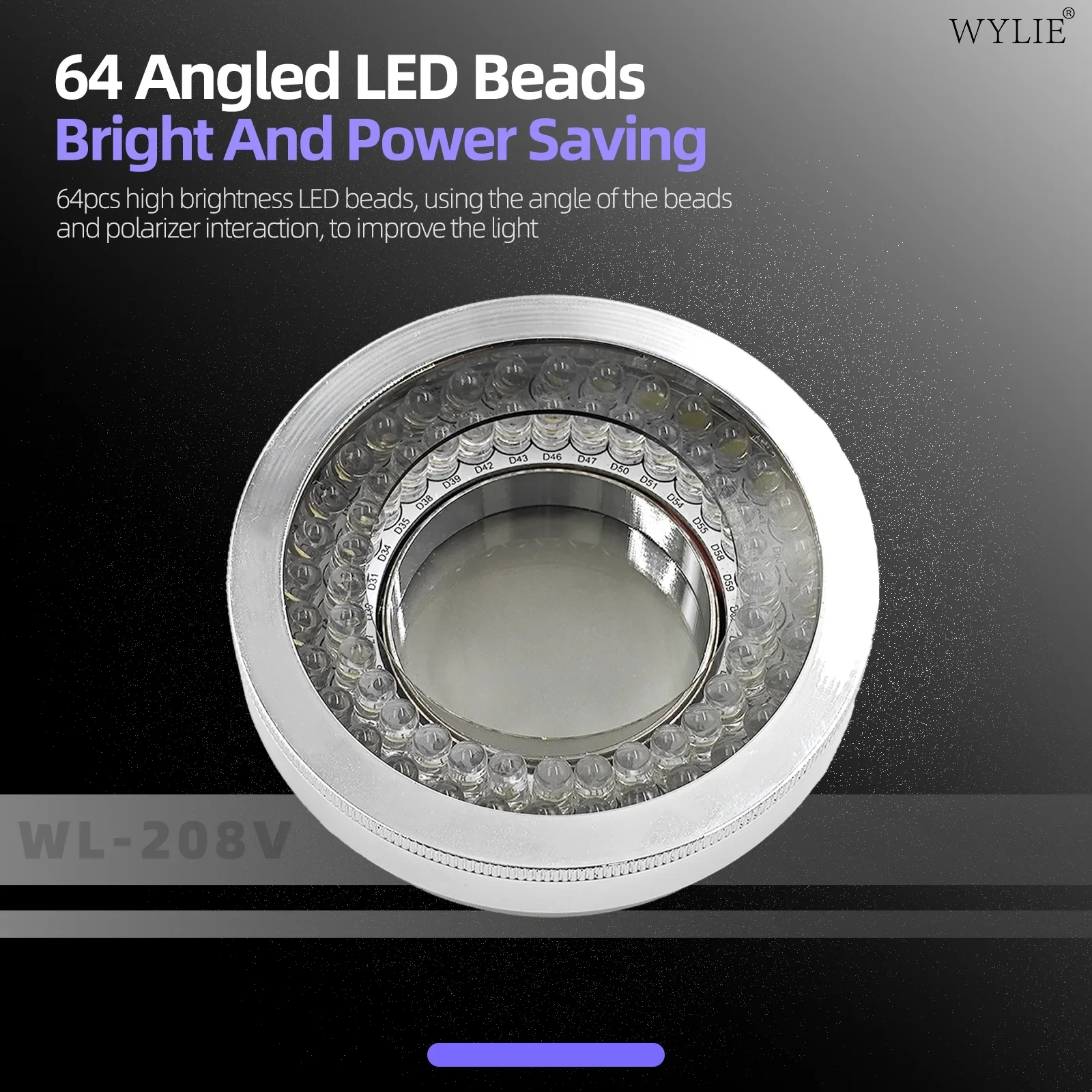 WYLIE WL-208V mikroskop terpolarisasi, cahaya cincin terpolarisasi kecerahan 64 sumber manik-manik LED untuk sebagian besar mikroskop Stereo ukuran 48mm