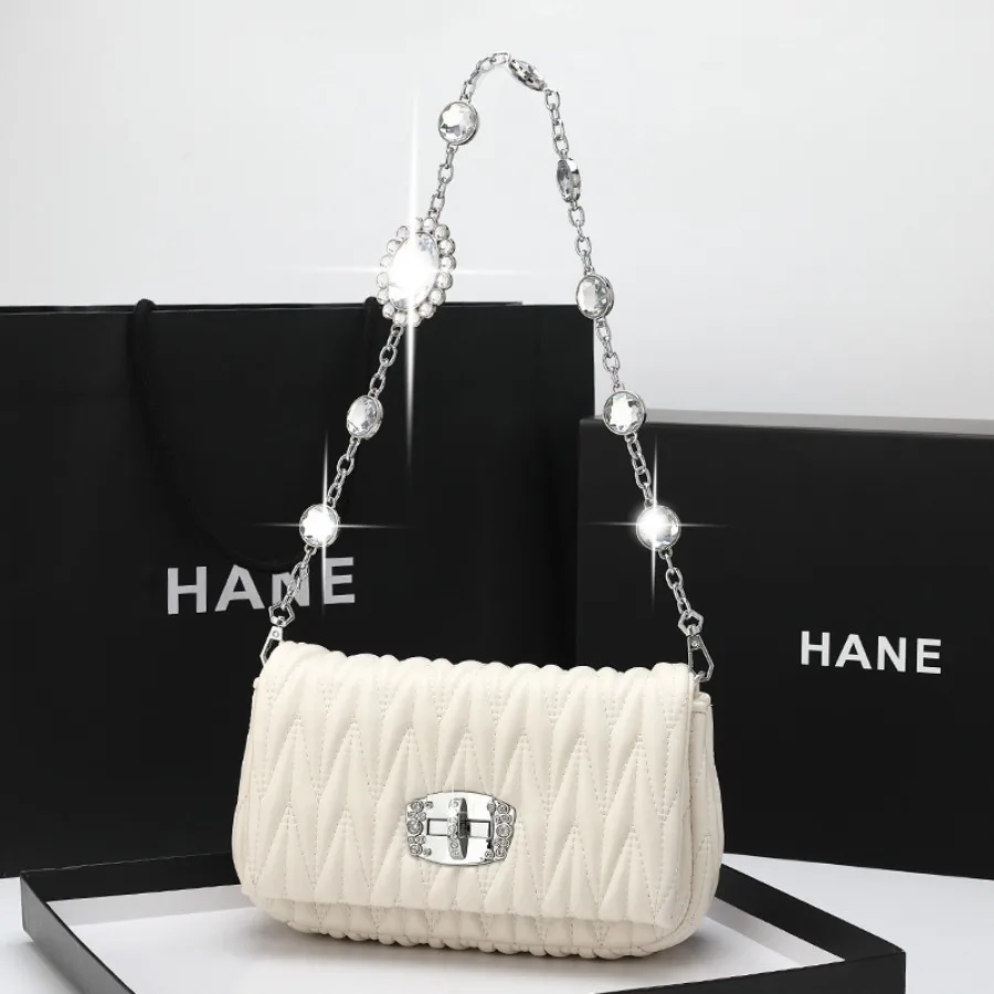 

【New Arrival】Elegant White Quilted Rhinestone Chain Shoulder Bag, Women's Crystal-Embellished Evening Purse for Party & Wedding