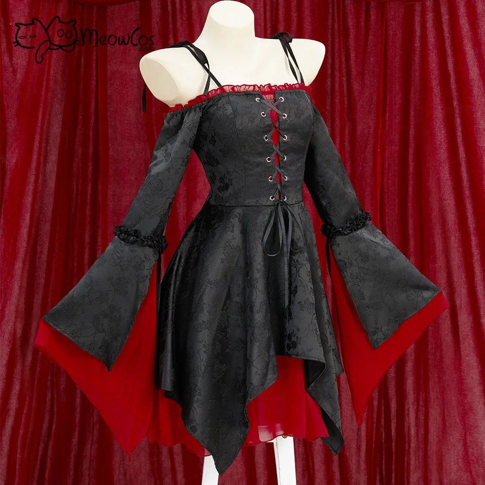 MEOWCOS Damen Mittelalter Gothic Schwarzes Samtkleid Vampir-Stil Schulterfreies Trägerkleid Cosplay-Kostüm