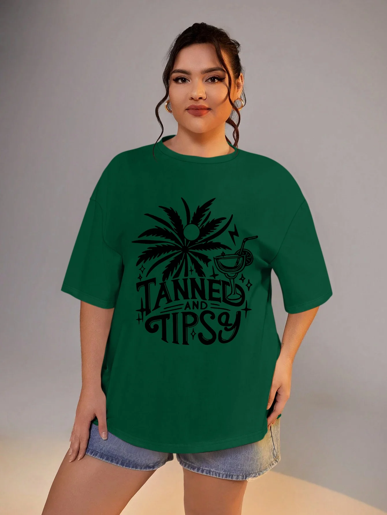 

Plus Size Print T-shirt Coconut Tree Graphic Short Sleeve Tees for Summer & Spring Womne's Clothing