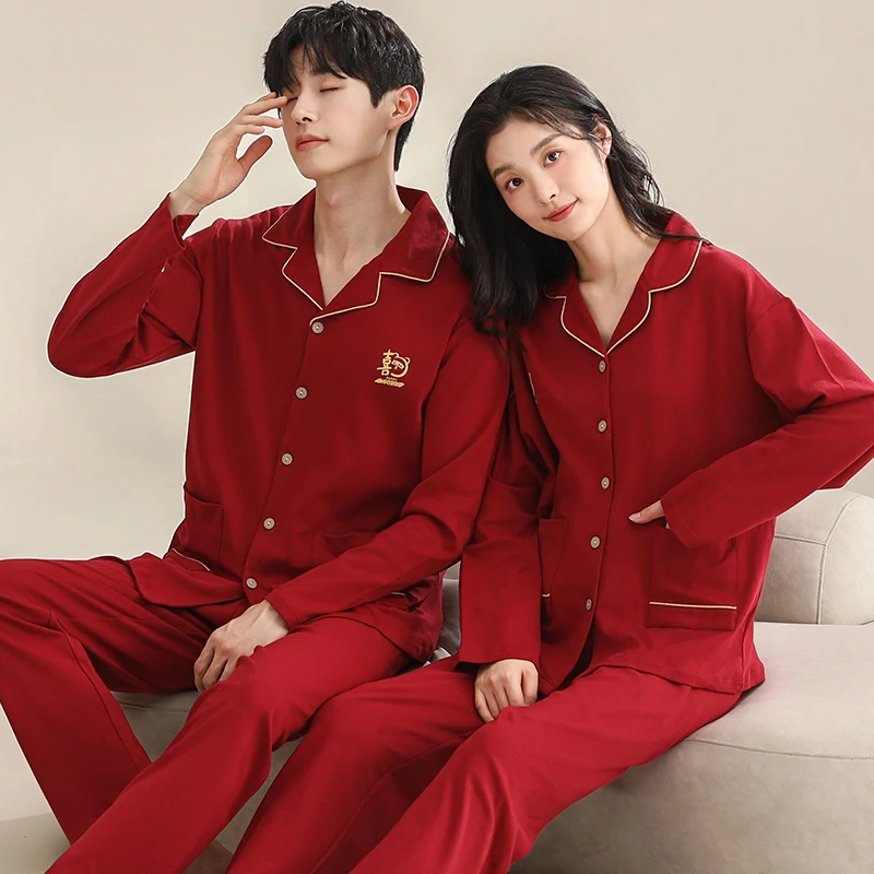 New Autumn Couple Plus Size Long Sleeve Cotton Pajama Sets for Women Red Wedding Celebration Sleepwear Men Homewear Home Clothes