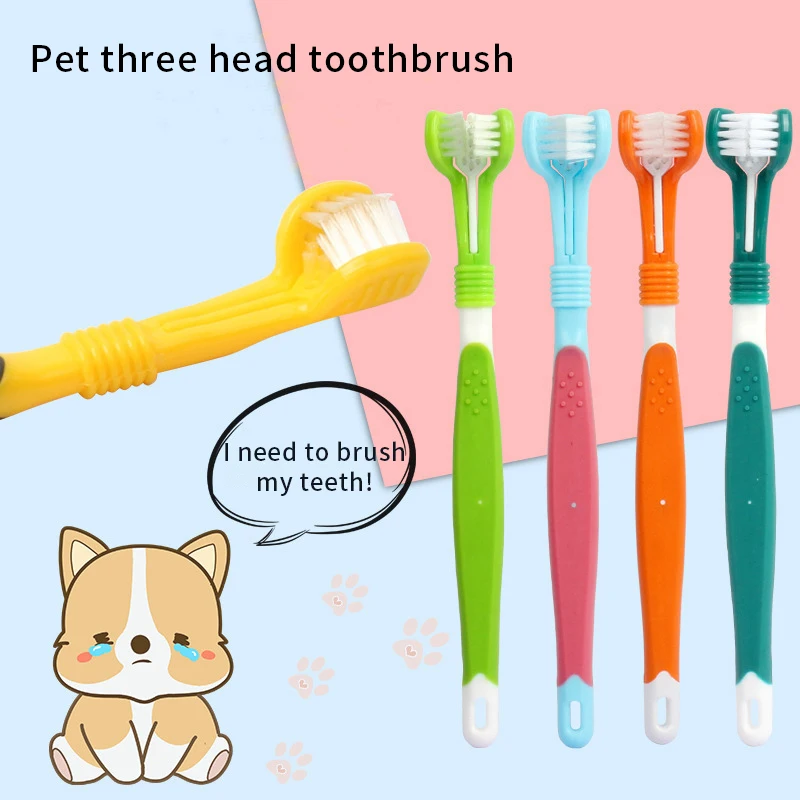 Brosse à dents multi-angle à trois côtés pour animaux de compagnie, 3 têtes, livres, chien, chat, mauvaise haleine, outil de soin des dents