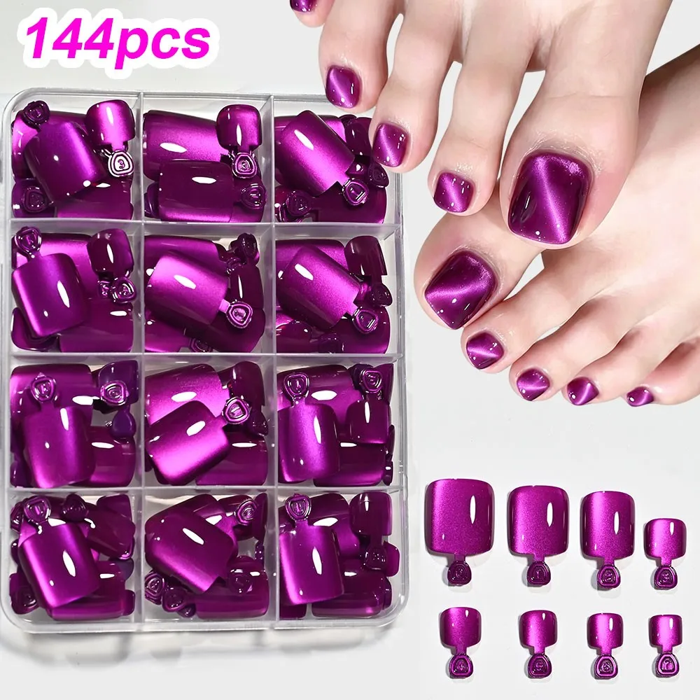 144pcs Shiny Purple Short Square Cat Eye Press Ons Toenails Glossy Purple Cat Eye Flase Toenails Full Cover Fake Toenails 12size