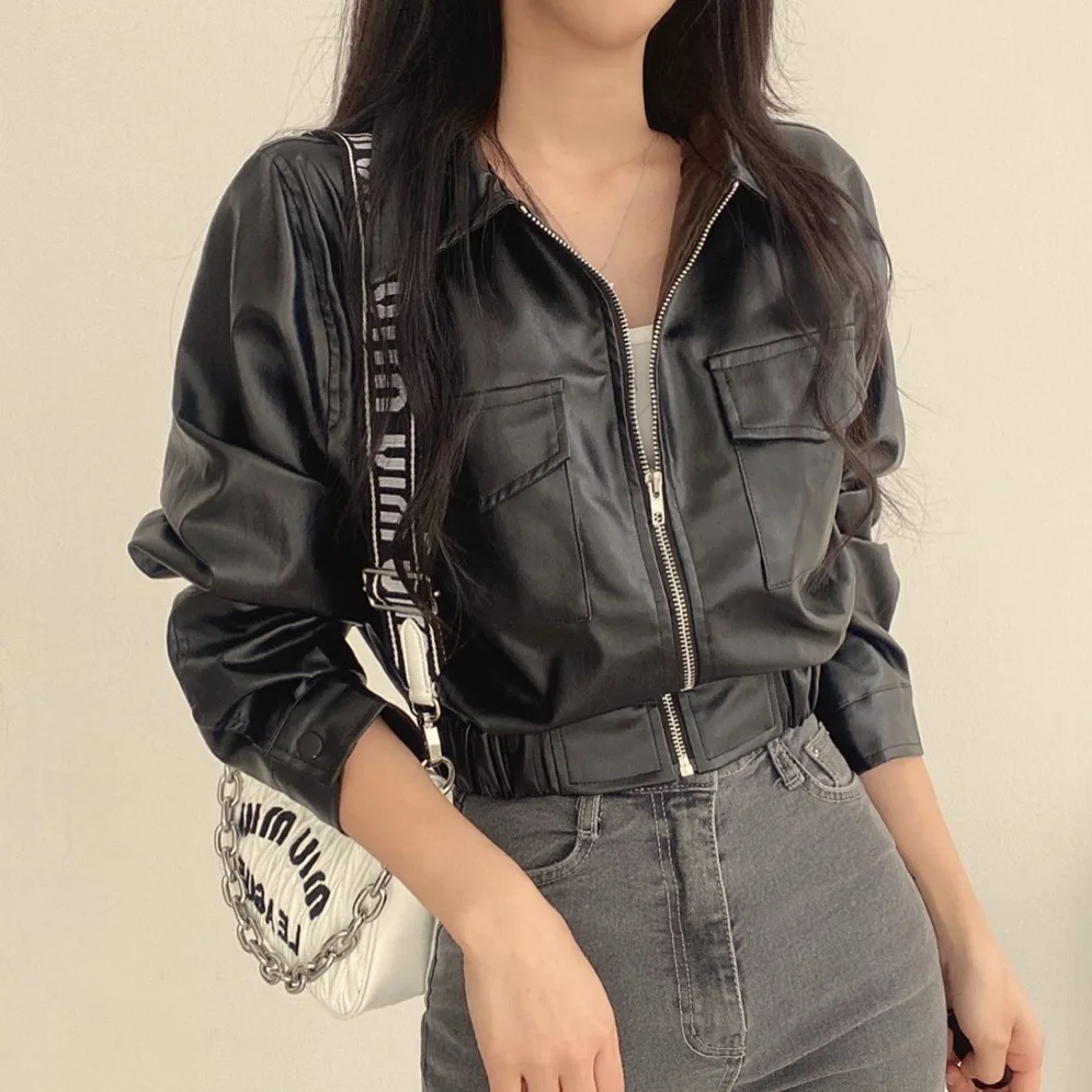 Simple Double Pocket Flip Collar Leather Jacket Coat Casual Style Long Sleeve Zipper Closure Leather Vests for Women