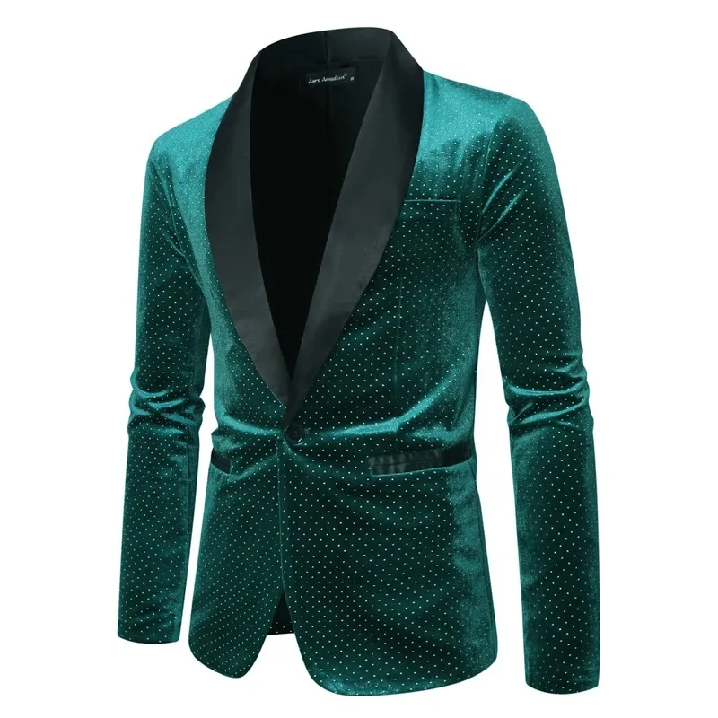 Mens Stylish Green Velvet Dress Blazers Brand Shawl Lapel One Button Shiny Suit Jacket Men Party Dinner Wedding Costume Homme