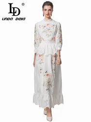 LD LINDA DELLA Women's Vintage Elegant Dress Flounced Edge Splicing Hollow Out Stand Collar Autumn and Winte Dresses