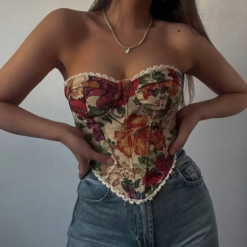 Cross-border Europe, America Foreign Trade, Street Retro Jacquard Chest Wrap Lace Lace-up French Niche Fish Bone Waist Thin Vest