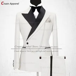 Latest Luxury ivory Men Suit Set Slim fit Groomsmen Groom Wedding Dress Tuxedo Fashion Designs Party Stage Blazer Pants 2 Pieces