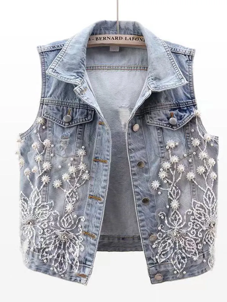 

Fashion Lace Beaded Denim Vest Women Cardigan 2025 New Spring Sleeveless Jacket Fashion Loose Vintage Jean Waistcoat Tide R359