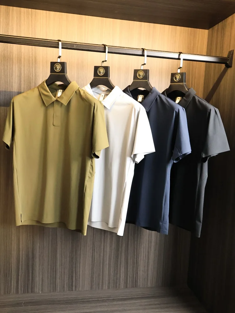 Men's Summer Outdoor Business Sport Cool Feeling Short Sleeve  Shirt Moisture Wicking Breathable Fully Glued Nylon Standa...