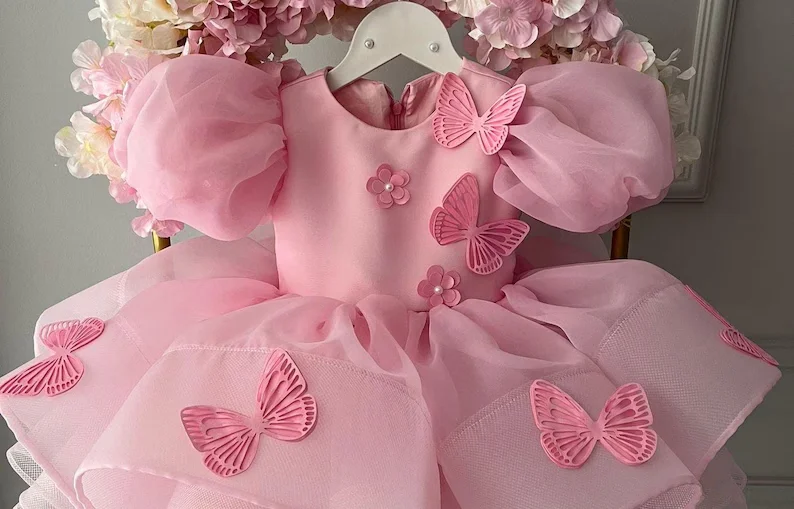 

2025 Childrens clothing official bridesmaid sequins 1 year old baby girl birthday dress elegant fluffy butterfly assignment dres