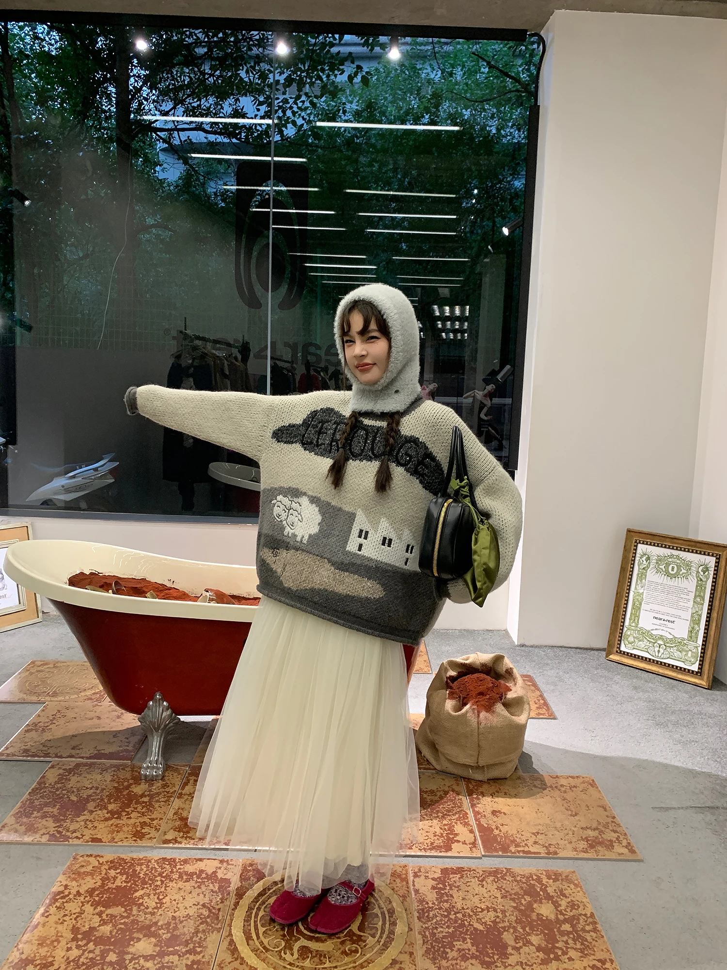 

Le Rouge Knitted Wool Sweater round Ne eep Embroidery Fun Country Sle Women's Faion Casual Loose Fit Autumn Winter