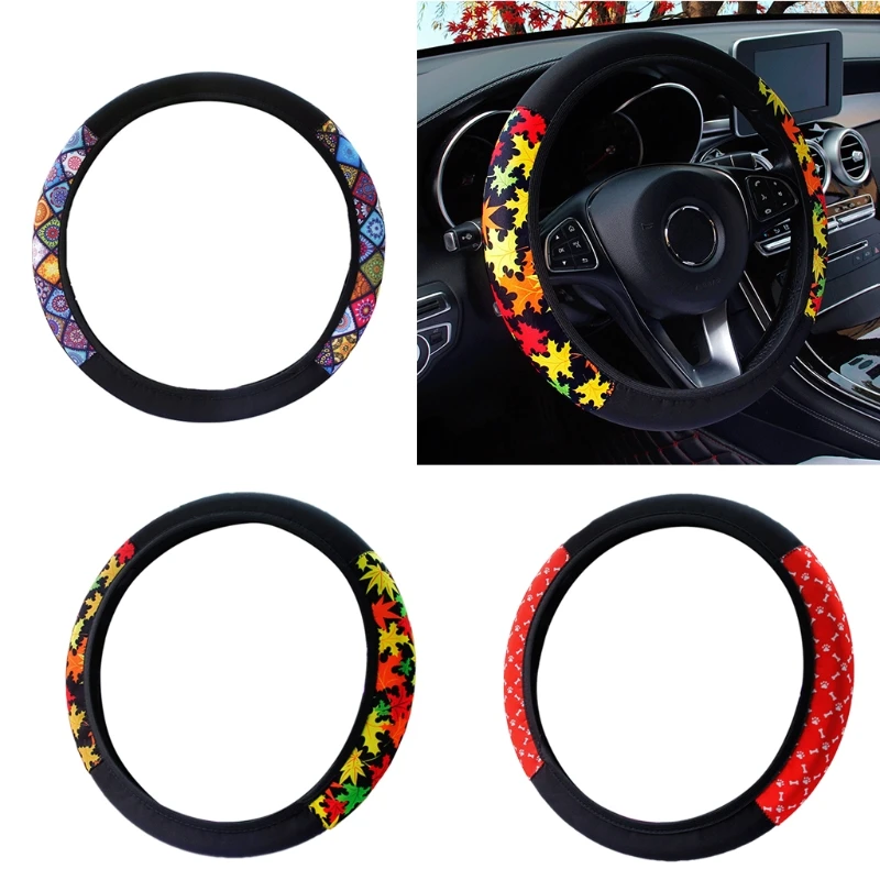 Steering Wheel Cover Folk Interior Accessories No Installation Tools Needed Maple Leaves Bones Print Protectors