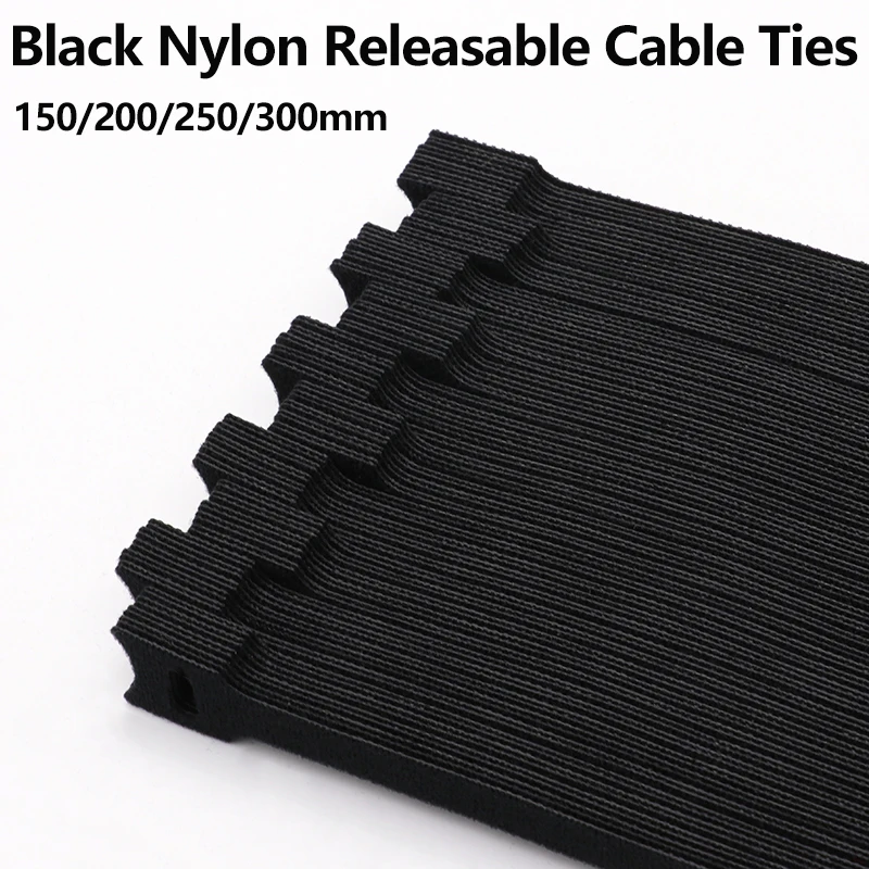 Image of 50/200 Stück 150/200/250/300 mm schwarze lösbare Kabelbinder Nylon Hakenschlaufenbänder Wrap Zip Bundle Krawattenbefestigungsband Draht Organizer