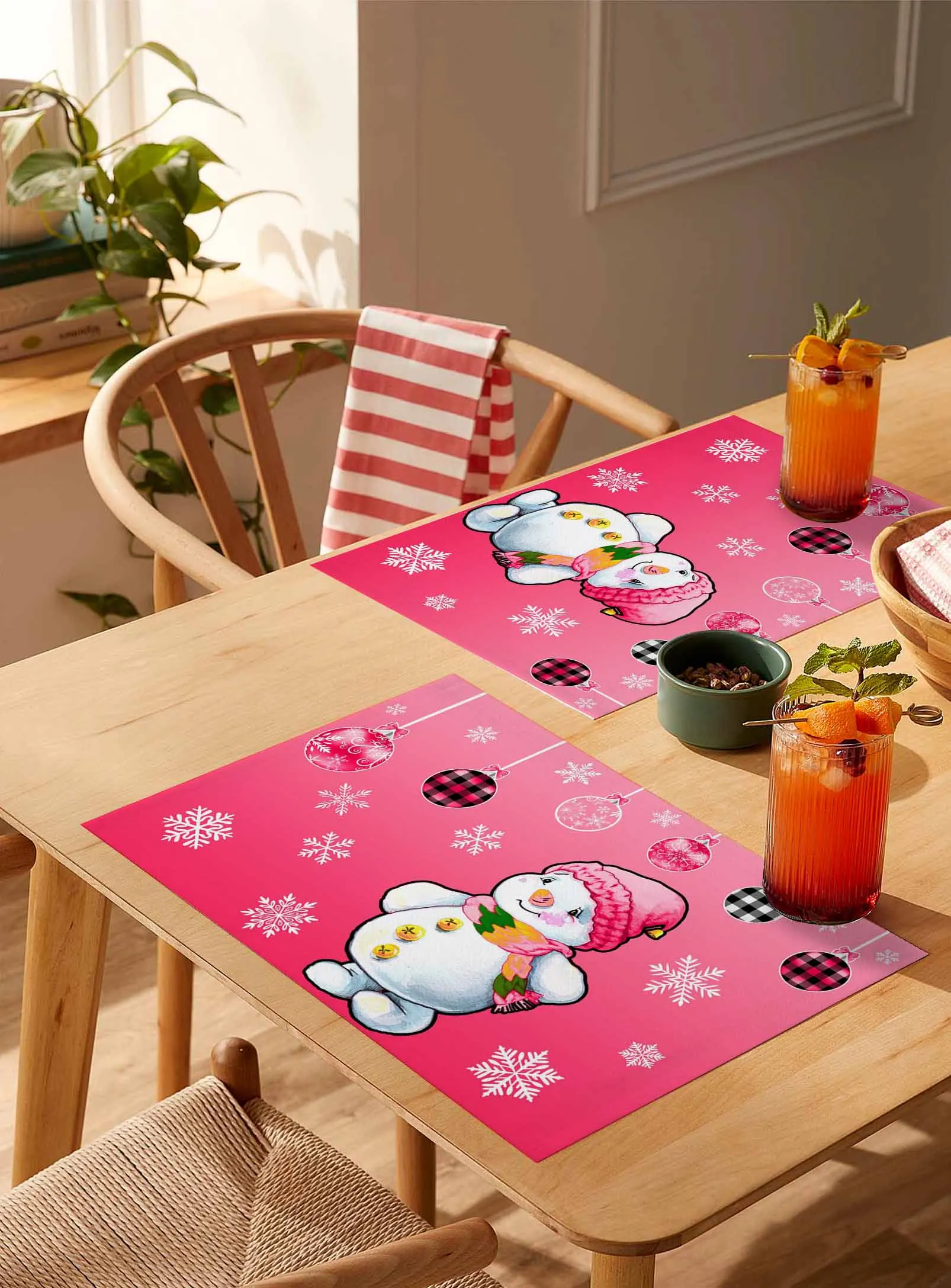 

4/6 Pcs Winter Ball Pink Snowman Placemat Wedding Party Dining Decor Linen Table Mat Kitchen Accessories