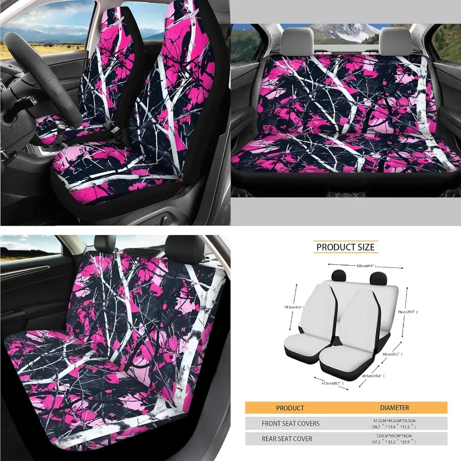 Pink Wood Car Seat Covers Full Set 14 PCS for Hunting Camo Interior Decoration with Steering Wheel Cover Seat Belt Covers Arm R