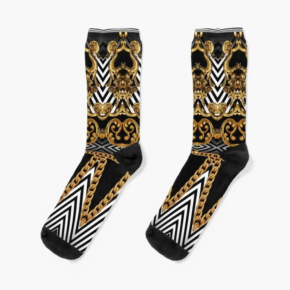 

Golden ornamental baroque with black and white geometric zigzag Socks snow warm winter Stockings man Socks For Man Women's