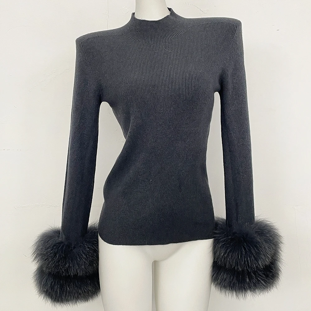 Cárdigan para Mujer con Puños de Piel de Zorro Natural, Corte Ajustado, Cuello Medio Alto, Suéter Femenino con Piel de Zorro Real, Cálido