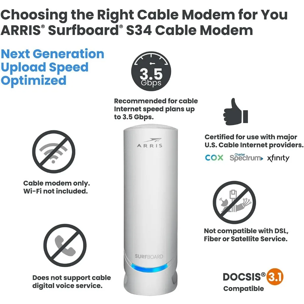 Surfboard S34 DOCSIS 3.1 Multi-Gigabit Cable Modem | Approved for Comcast Xfinity, Cox, Spectrum & More