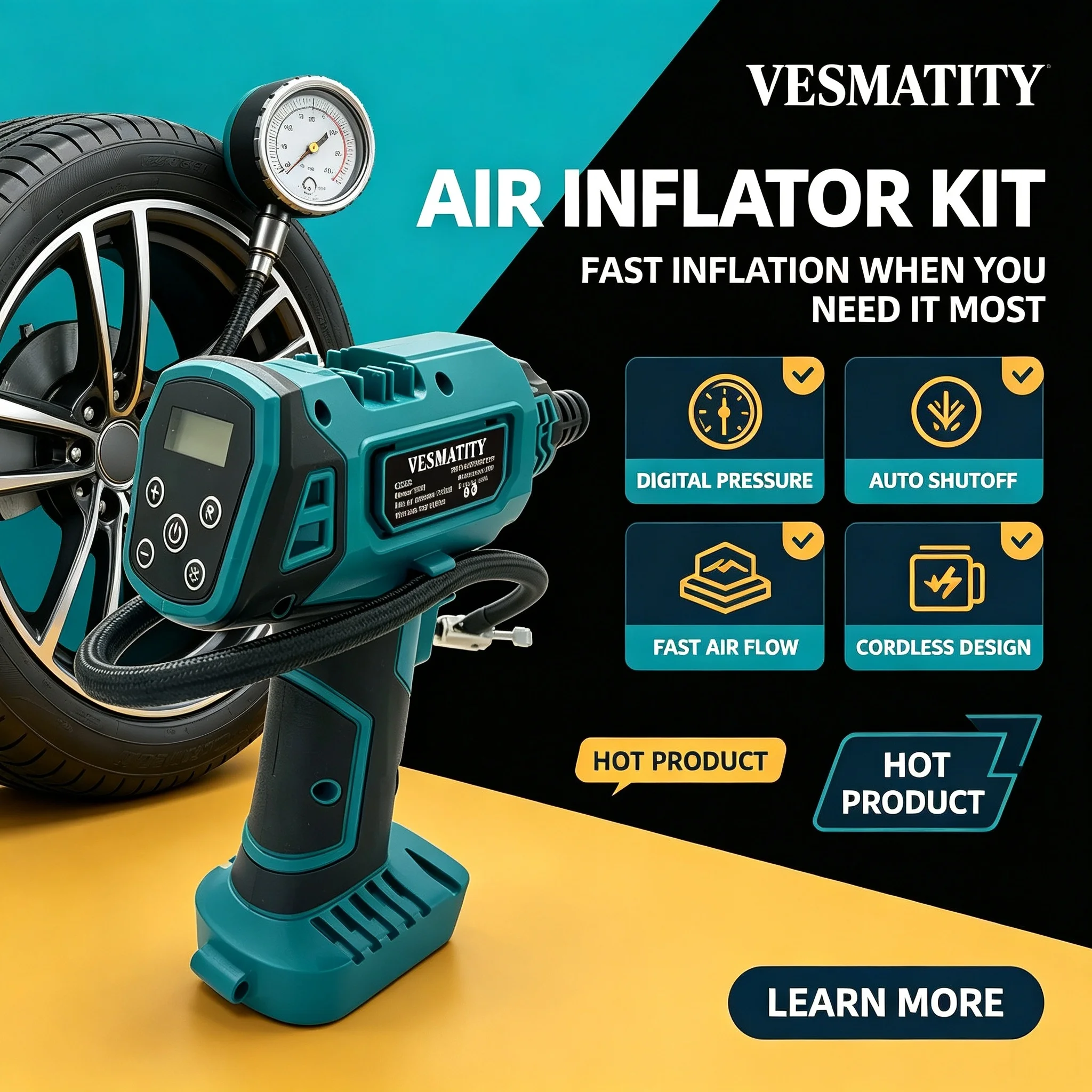 Tire Inflator VESMATITY Air Compressor High Pressure Auto Shut-Off Digital Display LED Light Handheld for 18V-20V Battery