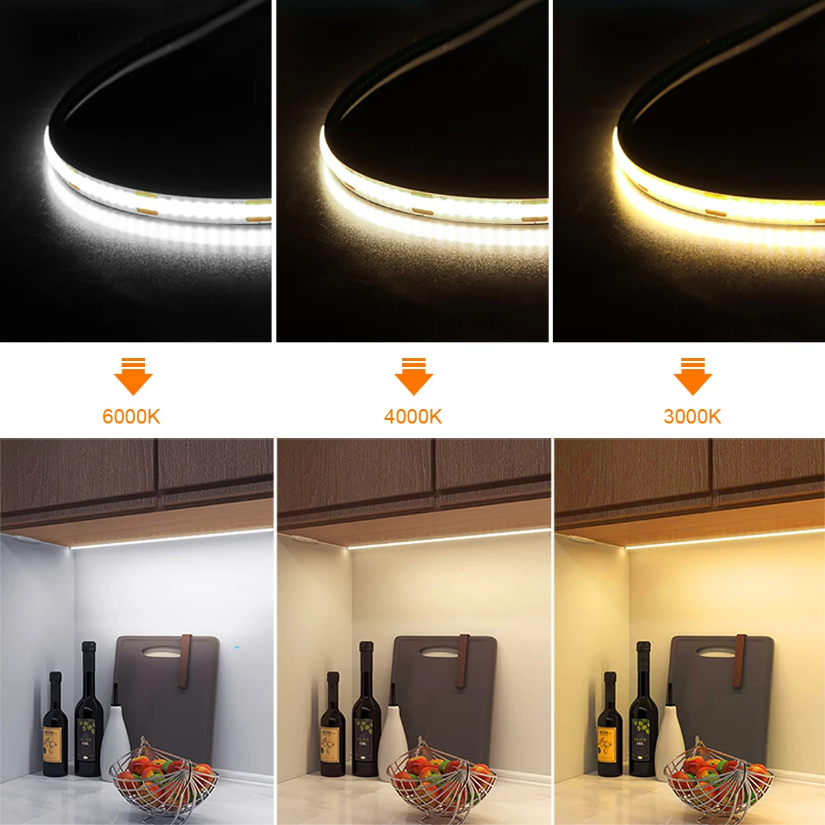 COB LED 스트립 조명, 유연한 LED 바 테이프 리본, 선형 밝기 조절 가능, 방 장식용, 5M, 10M, 12V, 24V, 320LEDs/M 고휘도