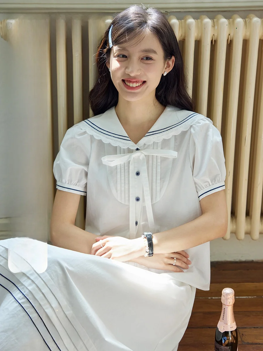 

Nov Elist Navy Collar Shirt And High Waist Skirt Two Piece Set White Summer Outfit for Women 18-25 Years Old Cotton Blend