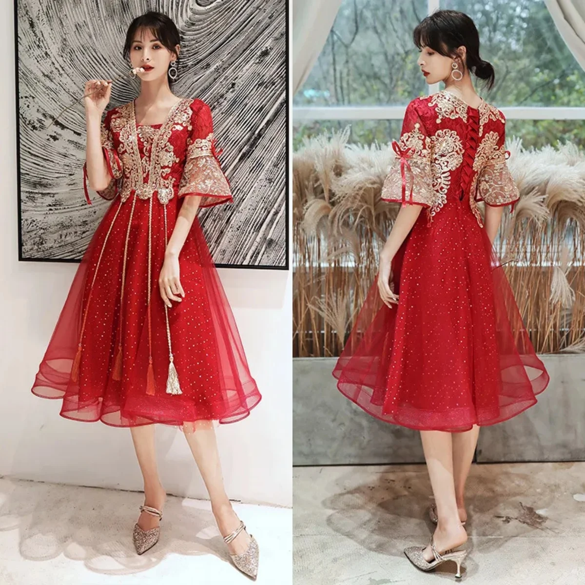 Prom Gowns Burgundy Golden Appliques Half Sleeves Lace up A-line Tea-length Plus size Pregnancy Women Party Formal Dress R1543