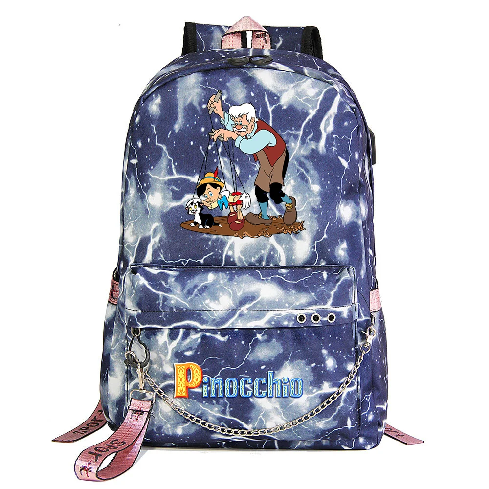 Disney Cartoon Pinocchio Students School Bag, Casual Travel Laptop Backpack with Charging USB, Teenager Backpacks, Women and Men