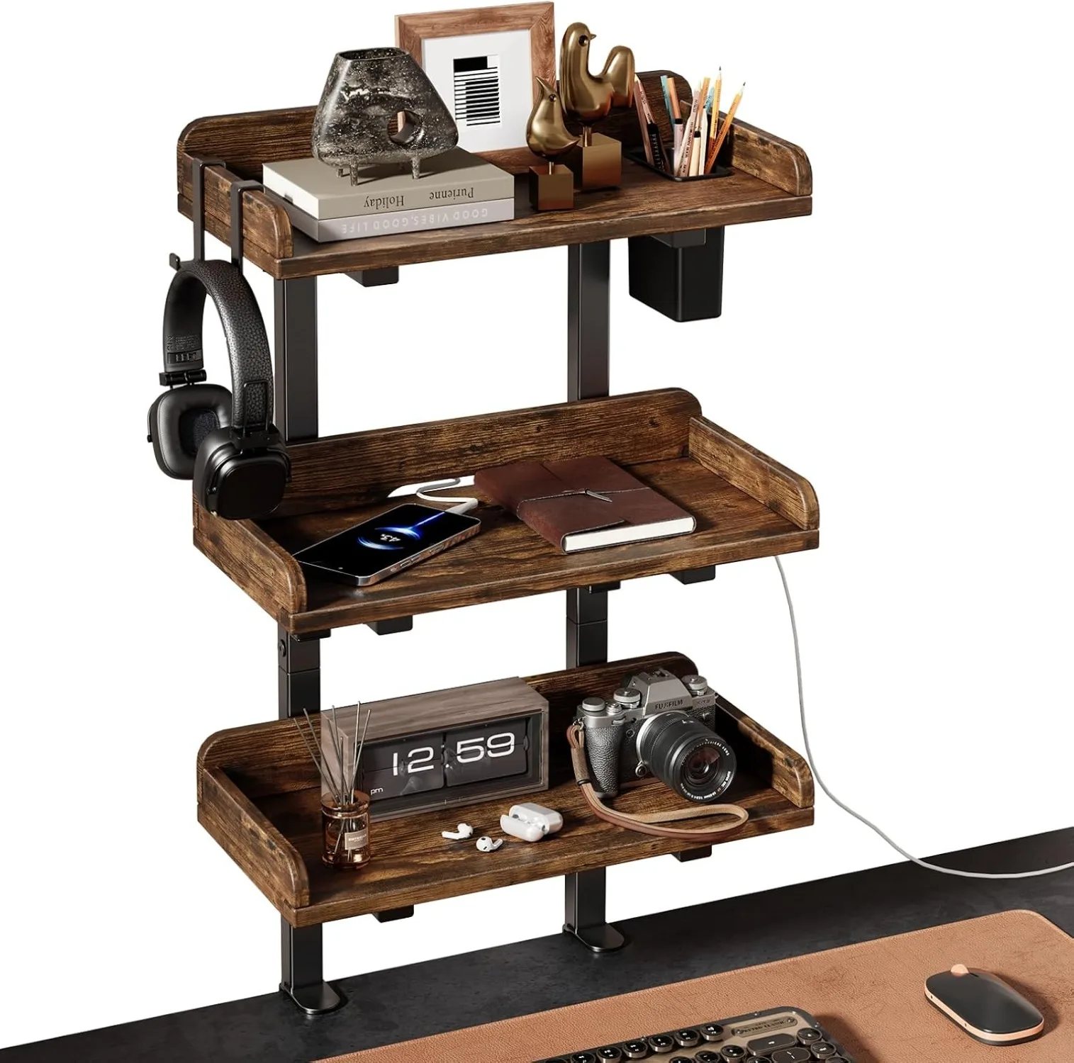 3-Tier Clamp-On Desk Shelf Organizer Adjustable Height Desktop Storage Rack with Pencil Holder and Headphone Holder for Office