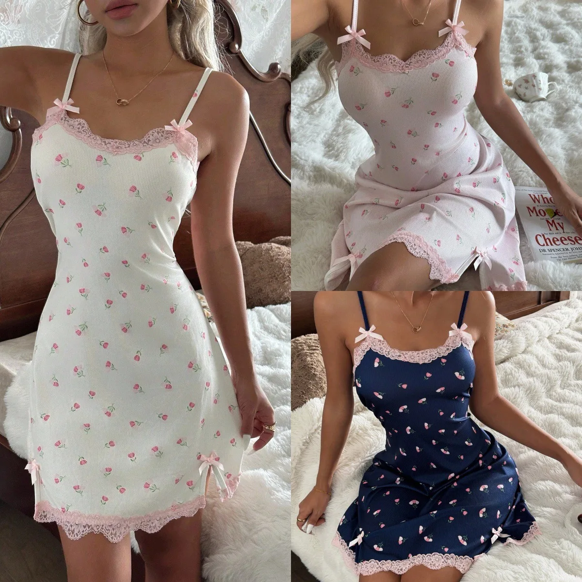 

New Women's Lace American-Style Sexy Halter-Neck Nightdress; Patchwork Sexy Floral Figure-Hugging Halter-Neck Nightdress