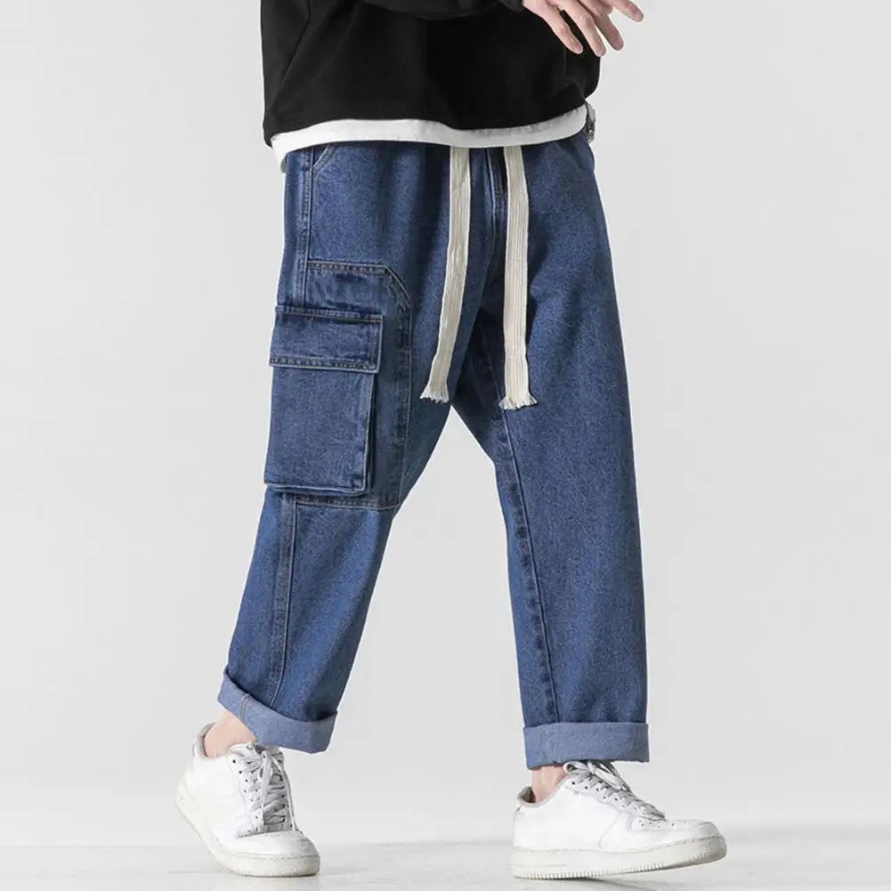 Strong Denim Jeans Men's Summer Casual Denim Pants with Elastic Drawstring Waist Multi Pockets Design Straight for Streetwear