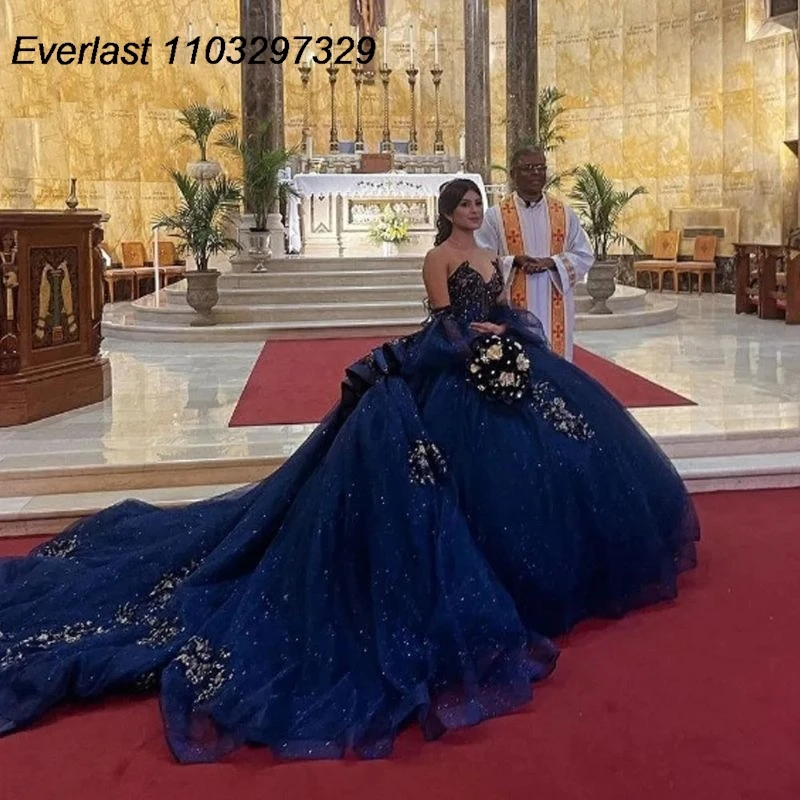 Evlast Marineblauwe Quinceanera Jurk Baljurk Kant Applique Kralen Kristallen Corset Mexico Sweet 16 Vestidos De Xv 15 Anos Tqd647