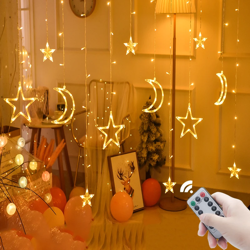 Star Moon LED Christmas Garland Curtain String Fairy Lights Outdoor For Bedroom Ramadan New Year Wedding Party Decorations 2023