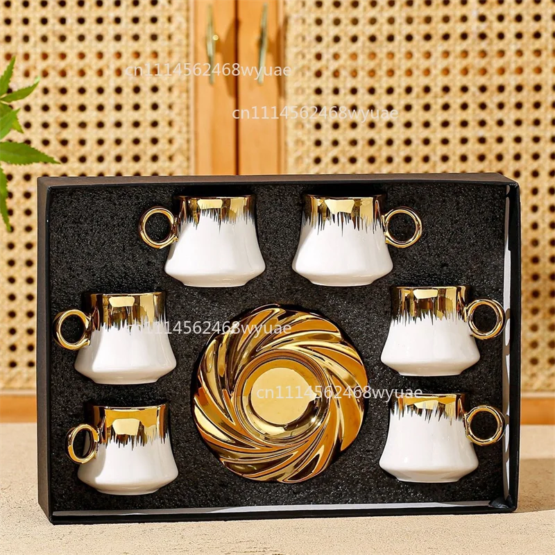 Arabic Porcelain Espresso 90ml Gild Cup and Saucer 6pcs Turkish Cappuccino Latte Tea Ceramic Coffee Cup Set with Gift Box