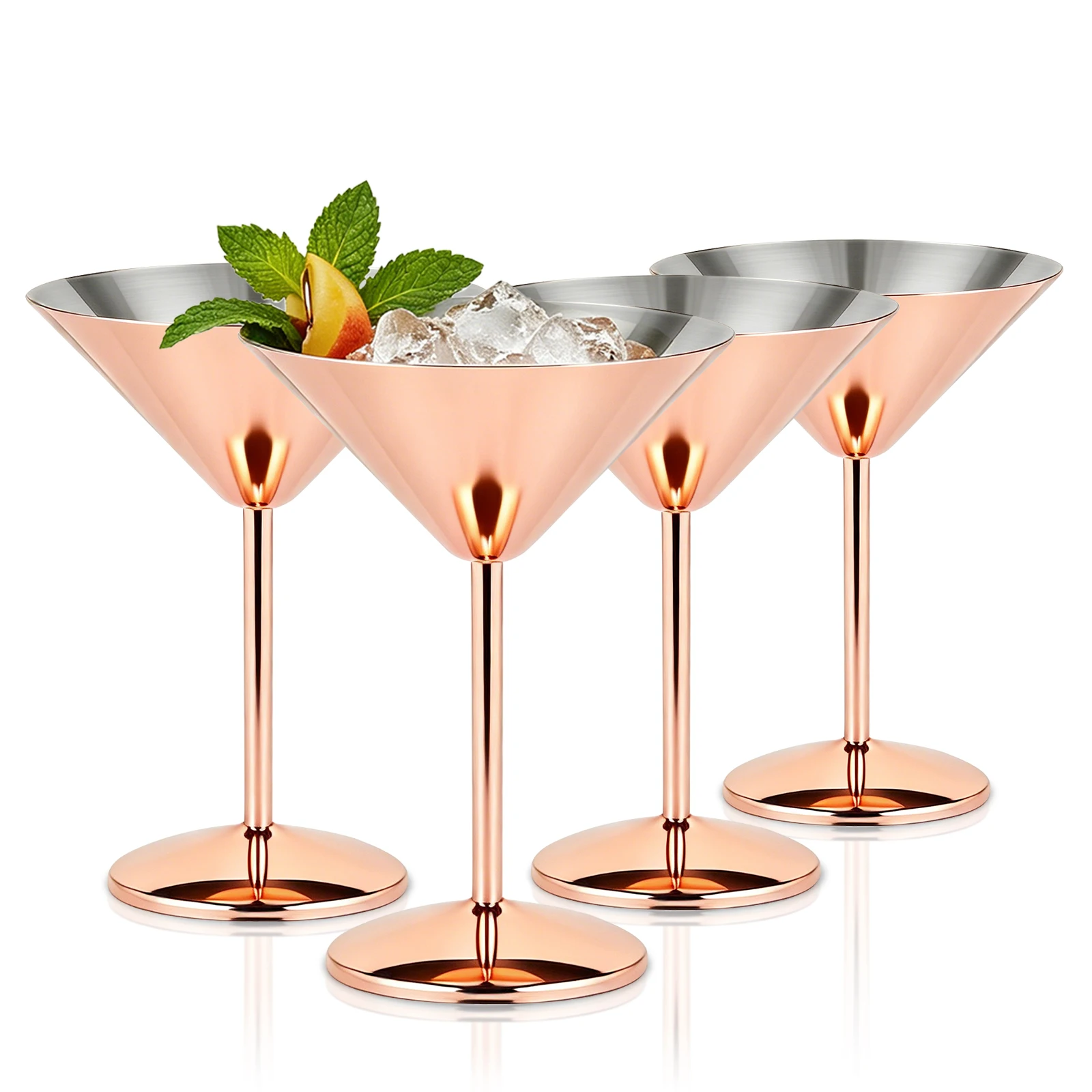 Juego de 4 Copas de Vino Martell de Lujo en Oro Rosa, 200 ml, de Acero Inoxidable, para Cócteles, Fiestas, Bares y Bodas