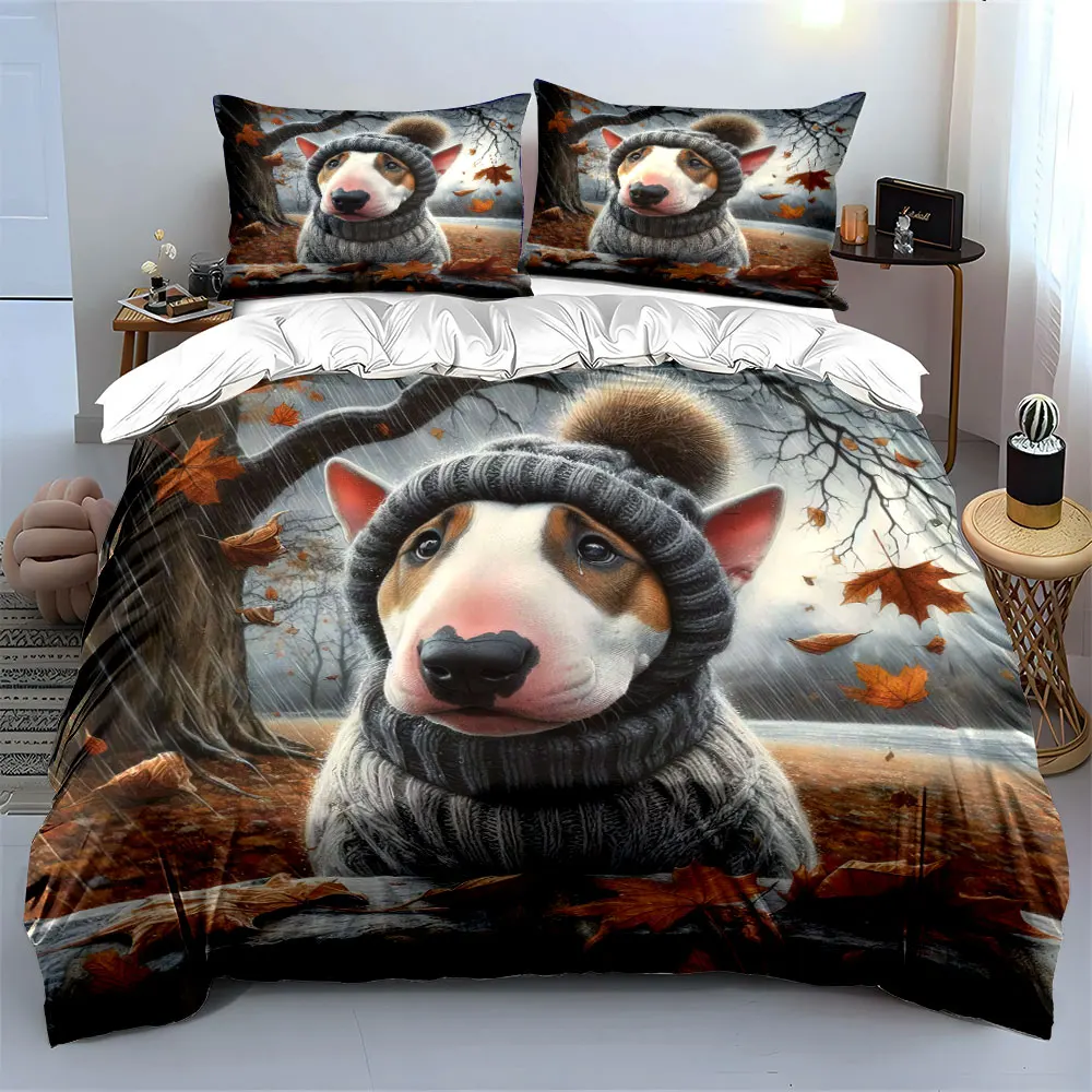 Autumn dog wearing sweater and hat standing in breeze Print Duvet Cover Bedding Set Included 1*Duvet Cover 2*Pillowcases