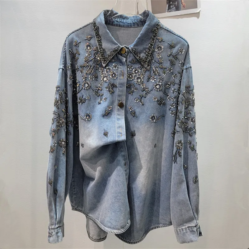 

Denim Blouses Women Shirt Vintage Washed Beaded Turn Down Collar Full Sleeve Top Y2k Streetwear Elegant Loose Shirts 2026 summer