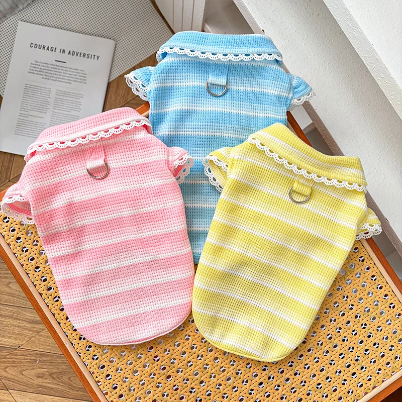 Pet Dog Vest Summer Puppy Clothes Cute Floral Flying Sleeves Dog T-Shirt Chihuahua Pug Apparel Dog Girl Clothing With Bow