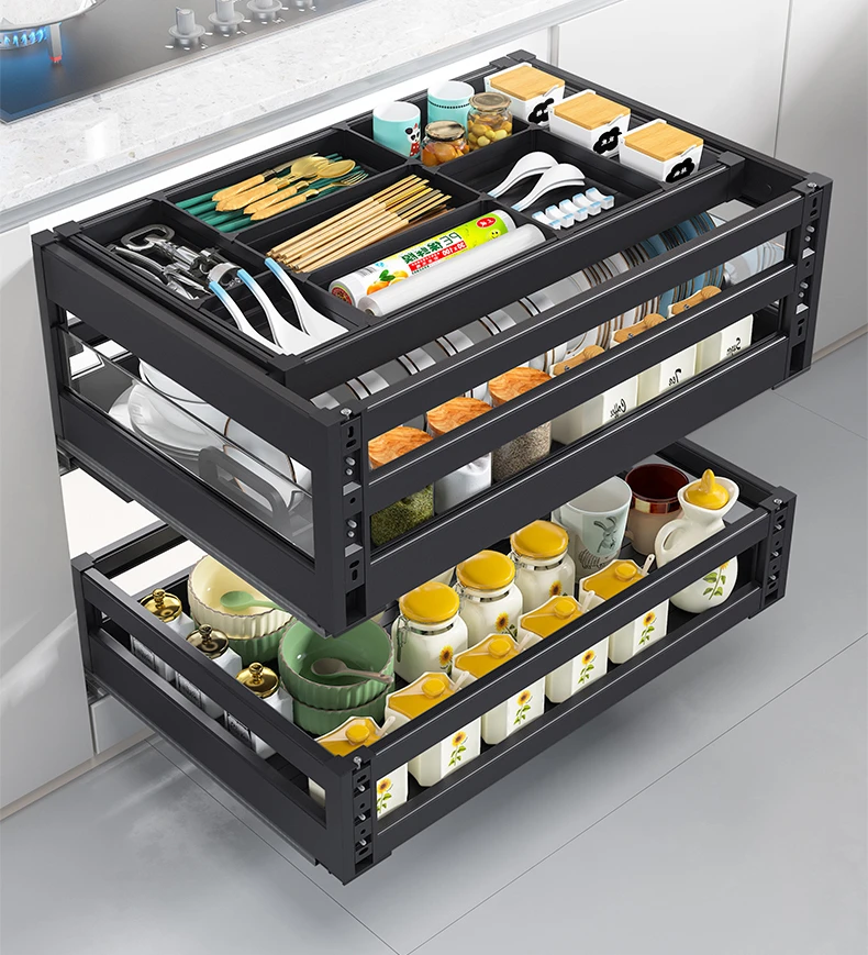 Three-tier drawer-type space aluminum alloy dish rack with built-in storage kitchen cabinet and drawer-type kitchen cabinet.