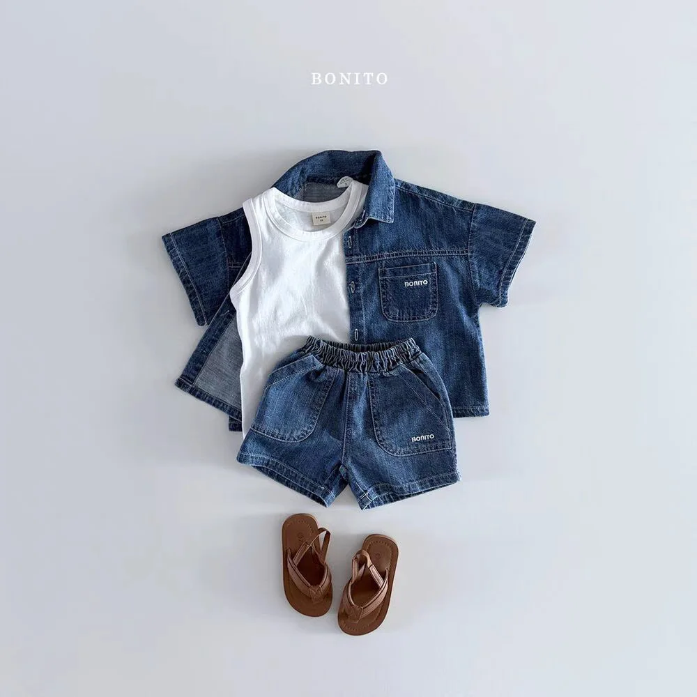 2025 Summer New Children Short Sleeve Clothes Set Boys Girls Denim Shirts + Shorts 2pcs Suit Kids Baby Fashion Casual Outfits