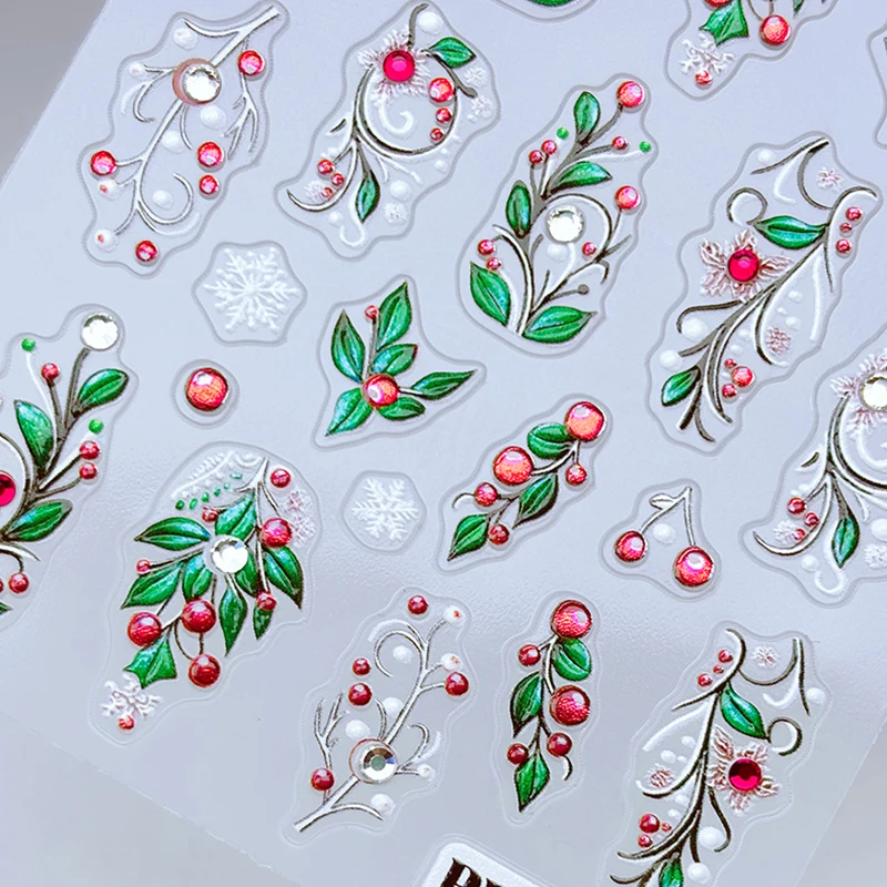 5D Christmas Embossed Nail Stickers Green Holly Leaves Floral Vine Adhesive Decals With Rhinestone Winter  Nail Art Decorations