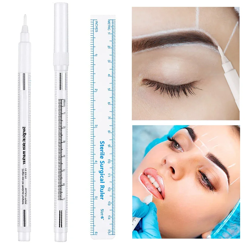 1set Surgical Skin Marker Eyebrow Tattoo Pen With Measuring Ruler Eye Brow Pencil Microblading Permanent Art Makeup Accesories