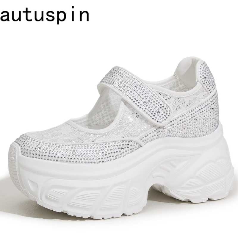 

AUTUSPIN 9cm High Heels Women's Mary Jane Shoes 2025 Summer Lace Shallow Shoes Female New Design Rhinestone Sports Sandals