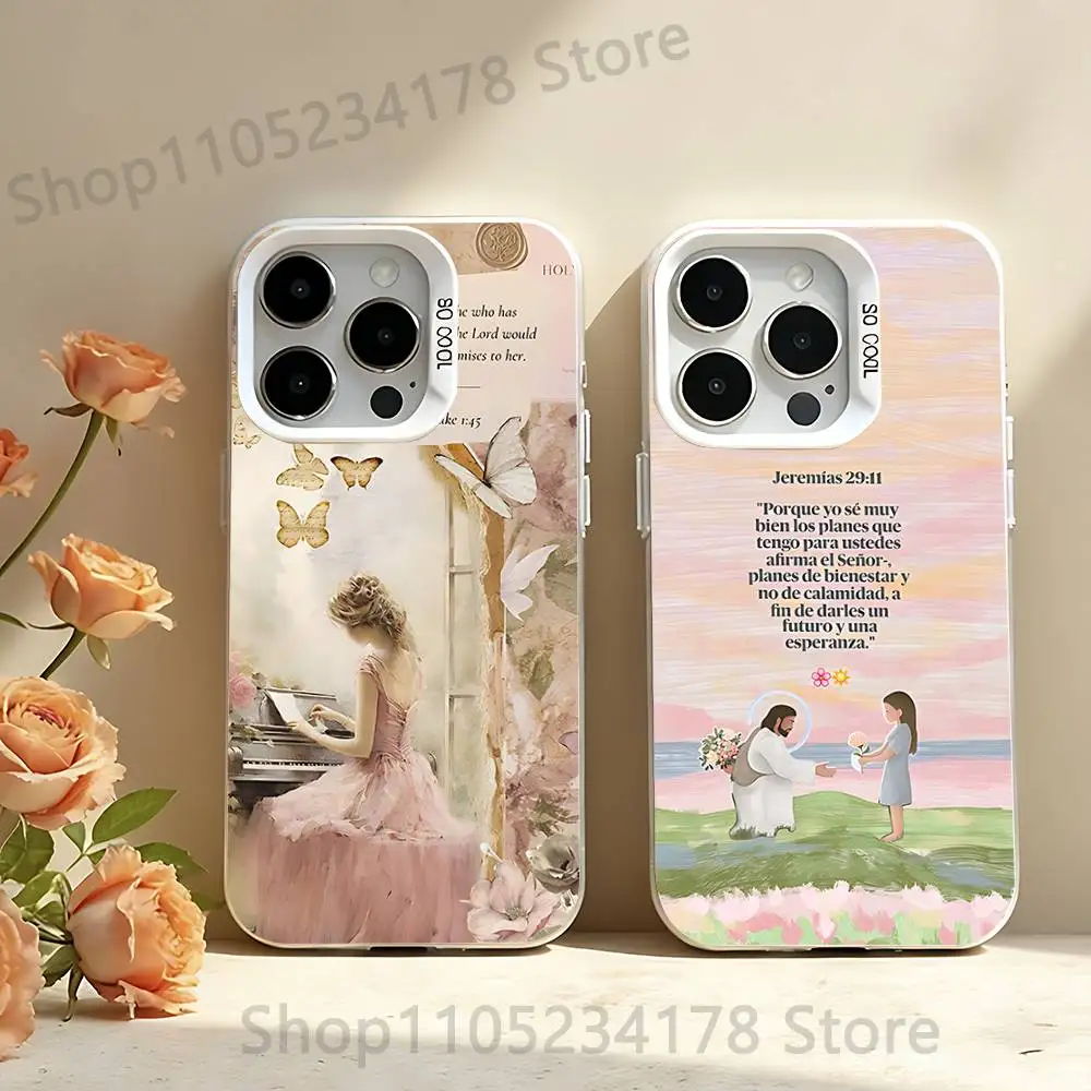 

Faith Jesus God Slogan Floral White Phone Case IMD Color Silver Shell For IPhone 17 16 15 14 13 12 11 Pro Max Plus