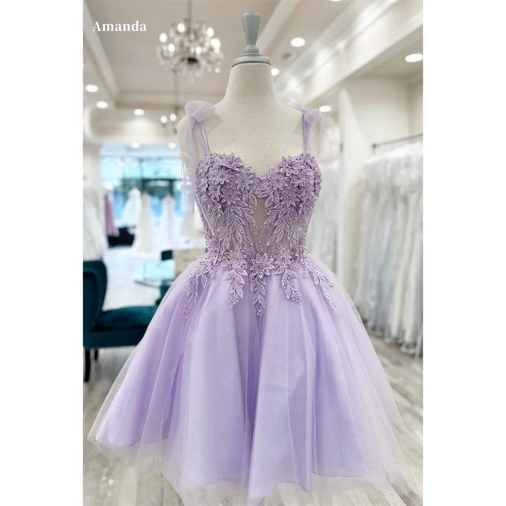 Amanda Lavender Tulle Prom Gown Bow Strap Sweet Heart Neck Evening Formal Elegant Sleeveless Short Party Dress for Women 2024