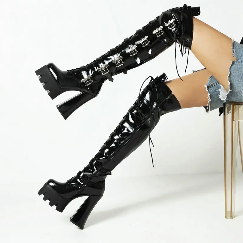 

15cm Patent Leather Women's Long Boots lolita Women's Thick Heel Super High Heel COS Punk t Lace up long boots