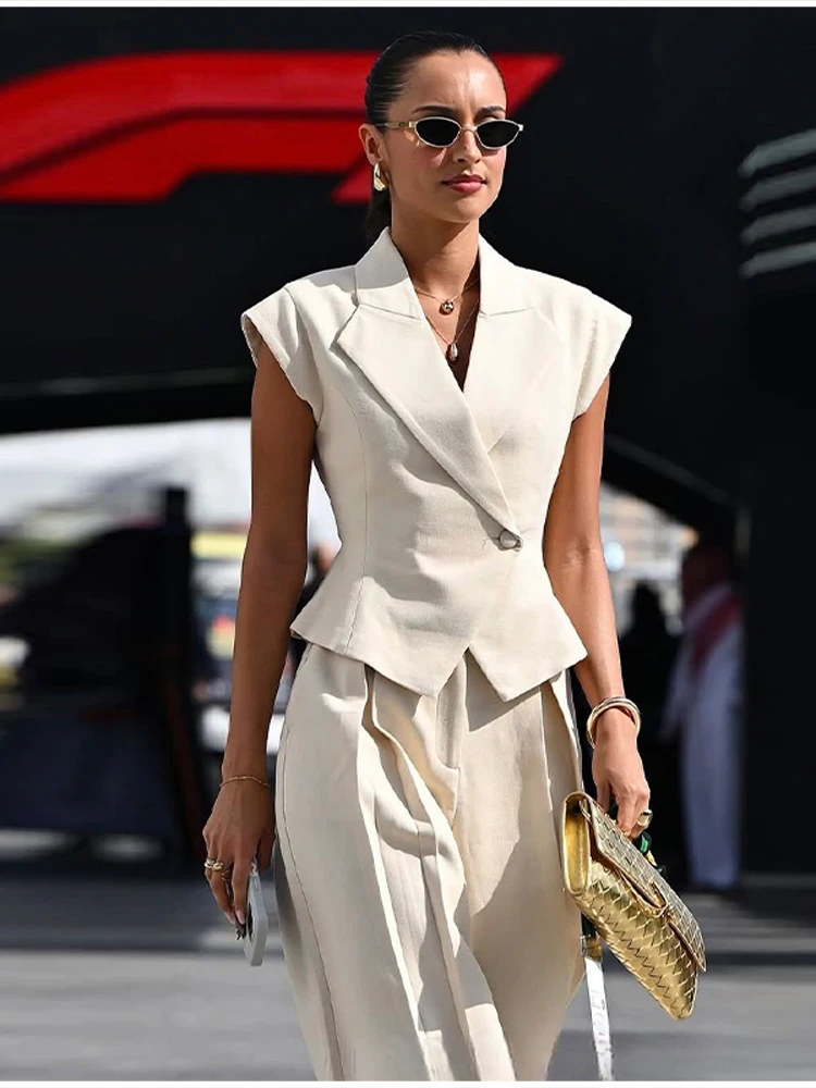 Setelan Celana Rompi Slim Fit Solid Kaus Kerah Wanita Atasan Lengan Pendek Satu Kancing Celana Panjang Longgar Pakaian Jalanan Harian Kasual Baru